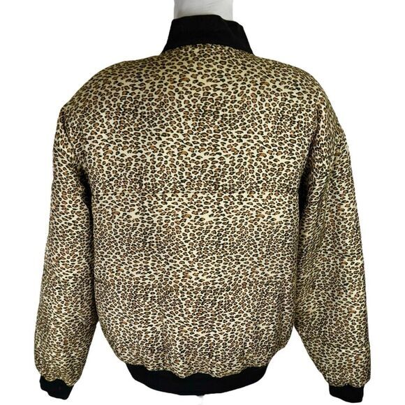 80s 1010 Leopard Print Silk Puffer Bomber Jacket Size Large Quilted 90s Vintage - Picture 3 of 15